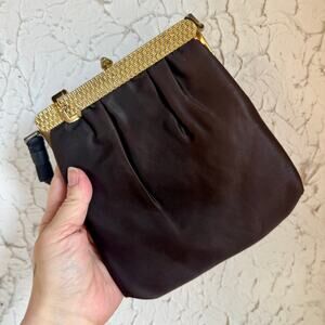 Vintage Frame Evening Bag Brown Satin Gold Kiss Lock Handbag 1960 Cocktail Purse